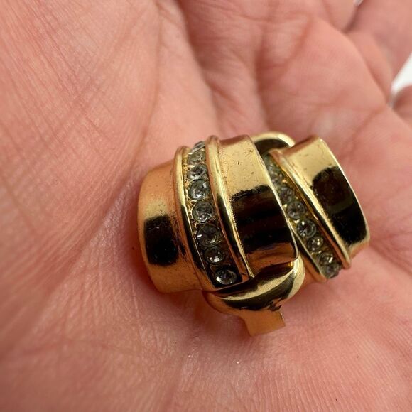 Christian Dior Gold Tone Rhinestone Small Half Hoop Clip On Earrings Vintage - Picture 6 of 7